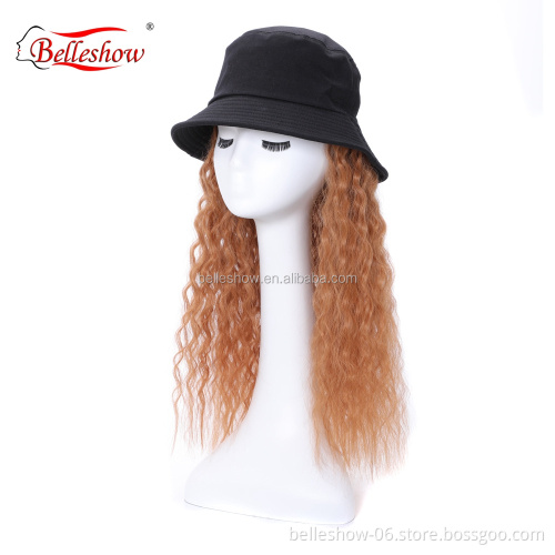 Hot sell fisherman's hat wig wool ring light brown long curly hat wig head set real hair mix black hat human and synthetic hair